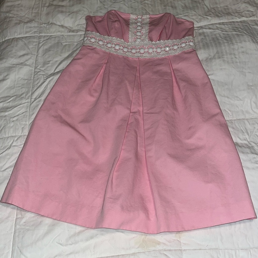 Lilly Pulitzer pink strapless dress with white  beading built in boning size 0